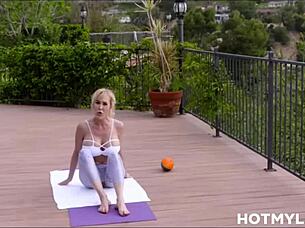 A voluptuous blonde MILF, Brandi Love has an unexpected encounter with her neighbor when his huge meat sticks enter through her yoga pants and passionately works those divine holes