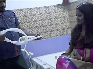 ‘Desi’ housewife gave a rigorous toweling down to plumber and stripped her in steamy bathroom session