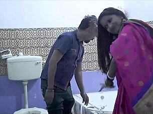 ‘Desi’ housewife gave a rigorous toweling down to plumber and stripped her in steamy bathroom session
