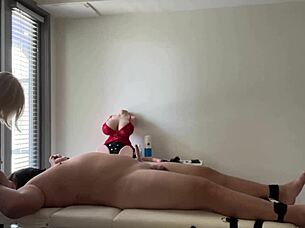 Mature aroused woman tries a toy on a masked man and he rides her big penis