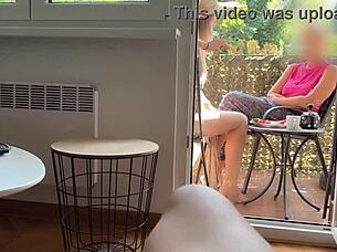 my husband jerks off and cums in front of my stepmom on the balcony