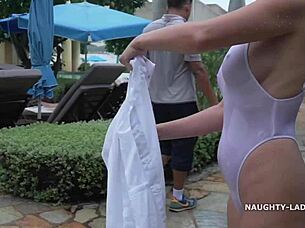 When wet, transparent swimsuit turns see through